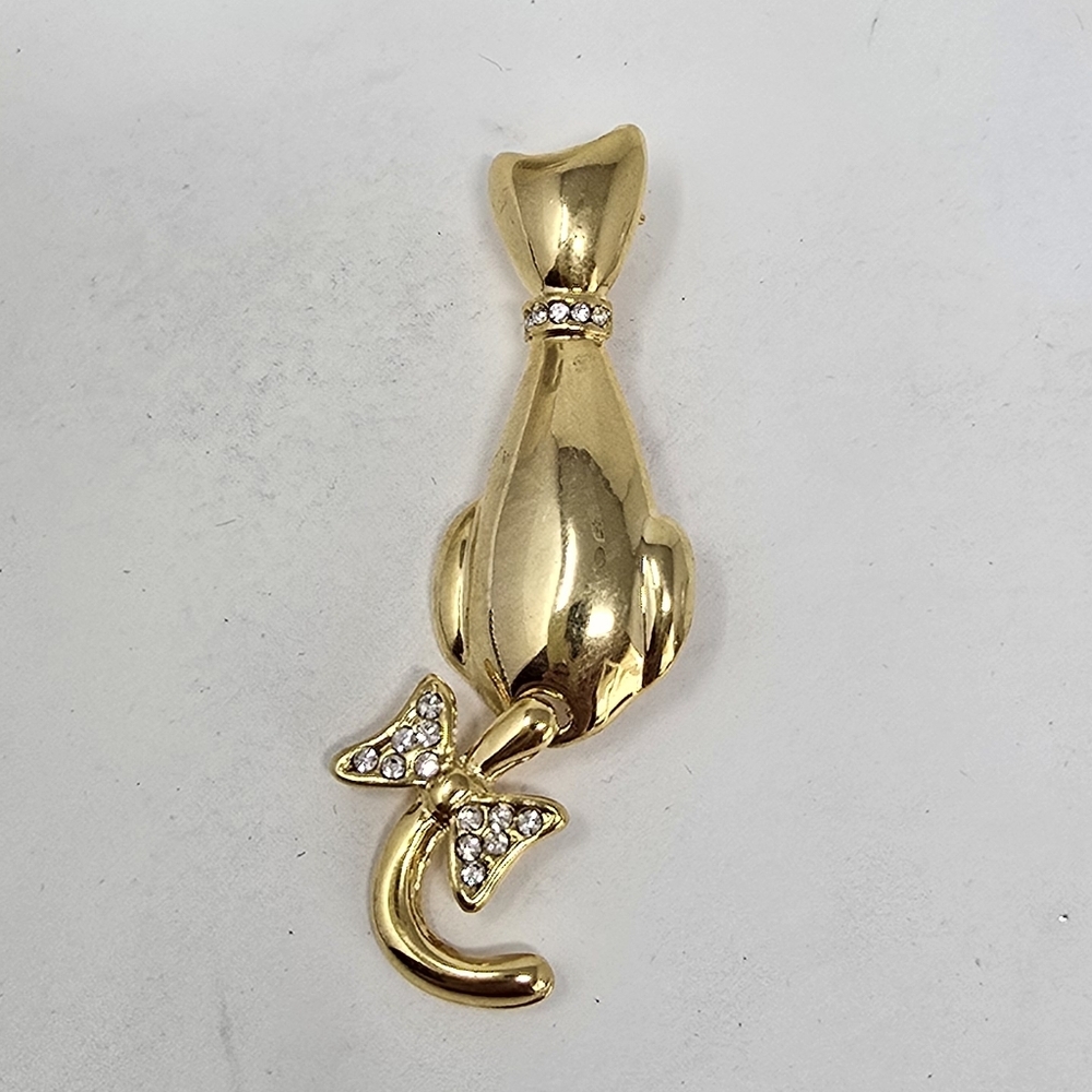 Vintage gold tone rhinestone bow tail cat brooch pin articulating tail animal